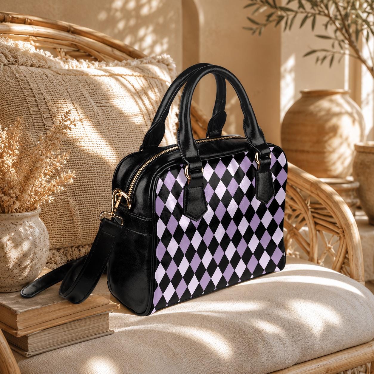 Purple Harlequin Satchel Bag, Vegan Leather Crossbody, Gothic Checkered Tote
