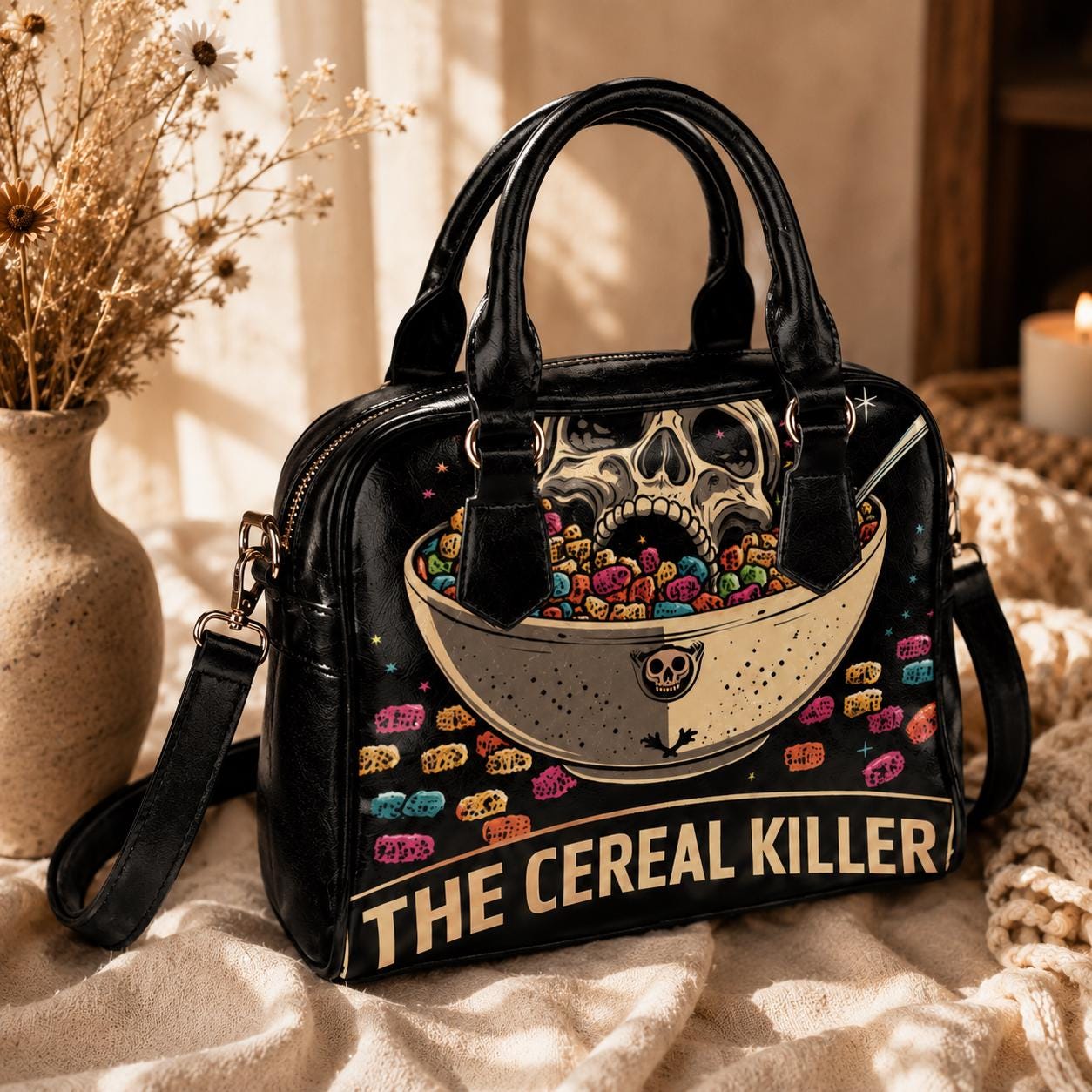 Horror Comedy Purse, Cereal Killer Satchel Bag, Spooky Skull Handbag