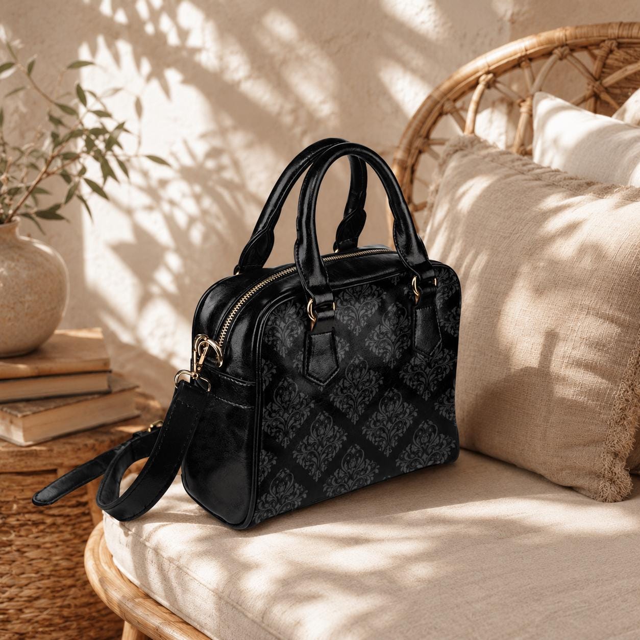 Black Damask Satchel, Dark Academia Purse, Elegant Gothic Handbag