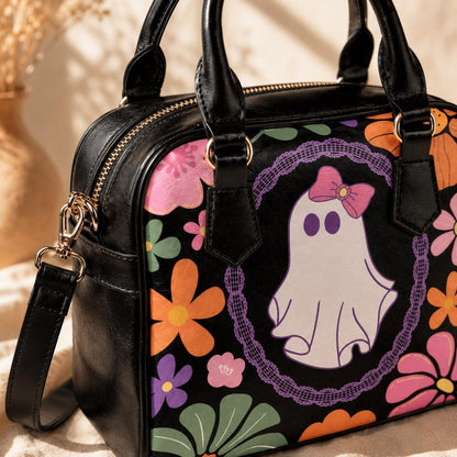 Groovy Ghost Purse with Floral Print, Retro Halloween Shoulder Bag, Cute Fall Handbag