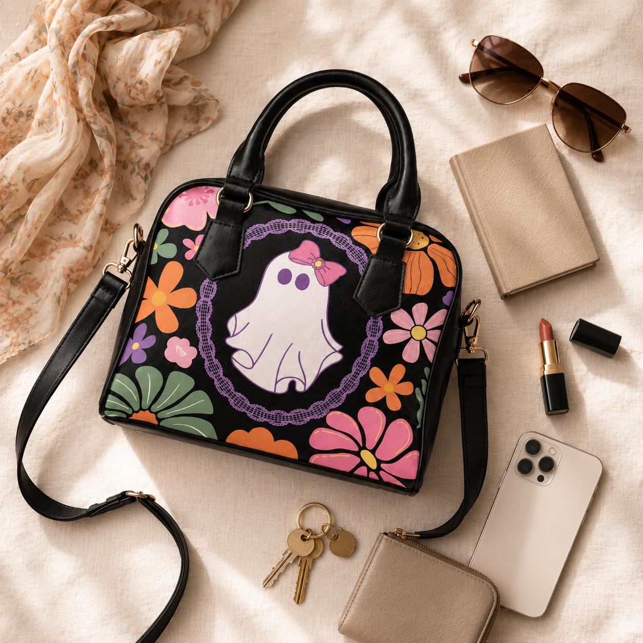 Groovy Ghost Purse with Floral Print, Retro Halloween Shoulder Bag, Cute Fall Handbag