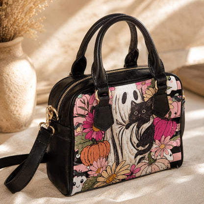 Cute Ghost Handbag, Black Cat Satchel Purse, Floral Halloween Bag, Pumpkin Crossbody