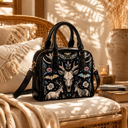 Woodland Fantasy Satchel with Antler Skull, Mystic Forest Purse, Folk Floral Handbag