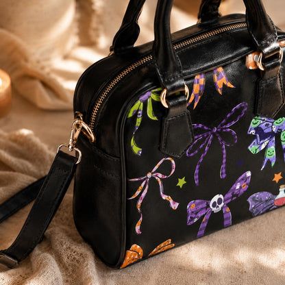Halloween Bow Purse, Spooky Ribbon Handbag, Goth Skull Satchel, Dark Coquette Bag