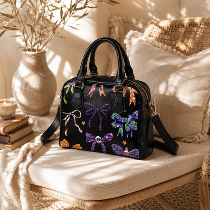 Halloween Bow Purse, Spooky Ribbon Handbag, Goth Skull Satchel, Dark Coquette Bag