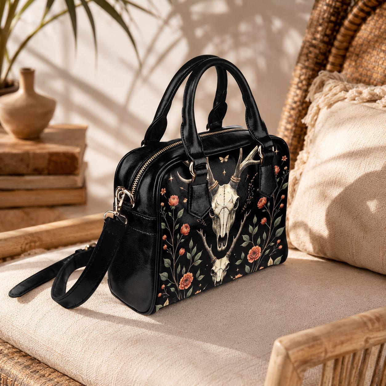 Gothic Satchel Purse with Deer Skull, Dark Floral Handbag, Witchy Shoulder Bag
