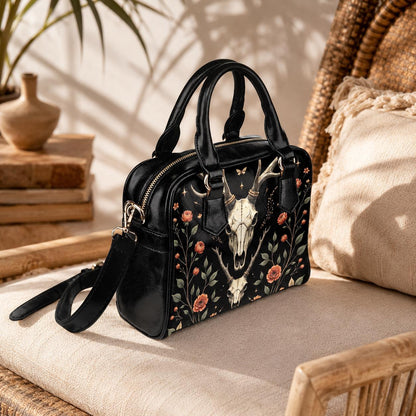 Gothic Satchel Purse with Deer Skull, Dark Floral Handbag, Witchy Shoulder Bag