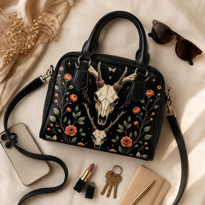 Gothic Satchel Purse with Deer Skull, Dark Floral Handbag, Witchy Shoulder Bag