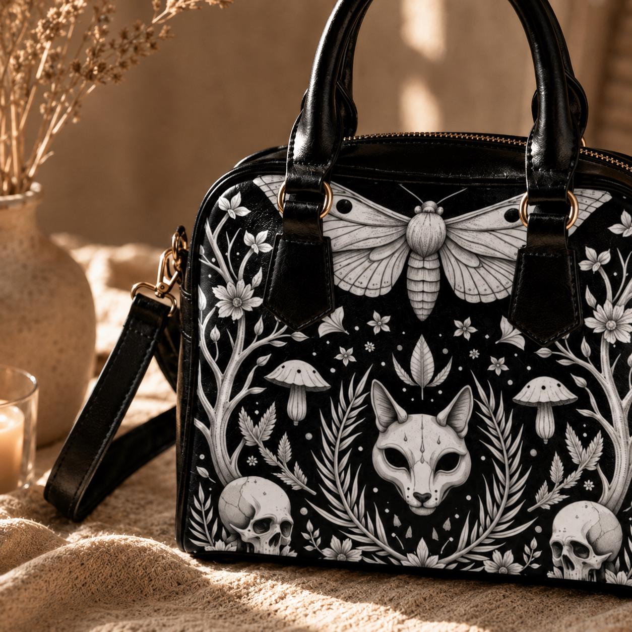 Moth Gothic Handbag, Monochrome Woodland Satchel, Skull Floral Purse, Dark Nature Bag