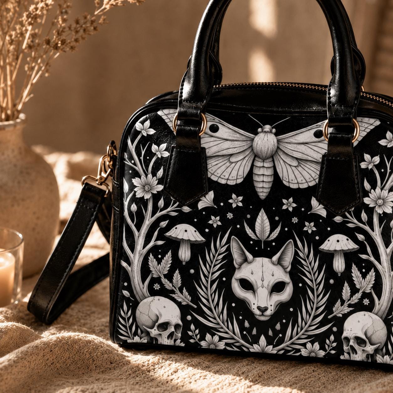 Moth Gothic Handbag, Monochrome Woodland Satchel, Skull Floral Purse, Dark Nature Bag