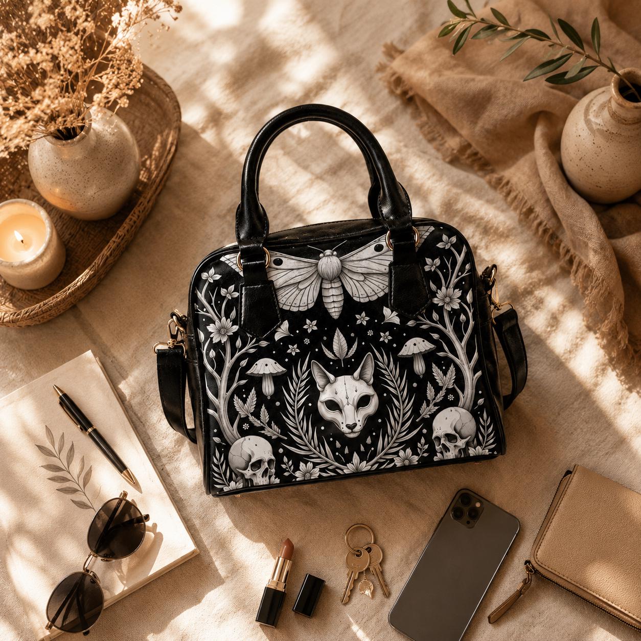 Moth Gothic Handbag, Monochrome Woodland Satchel, Skull Floral Purse, Dark Nature Bag