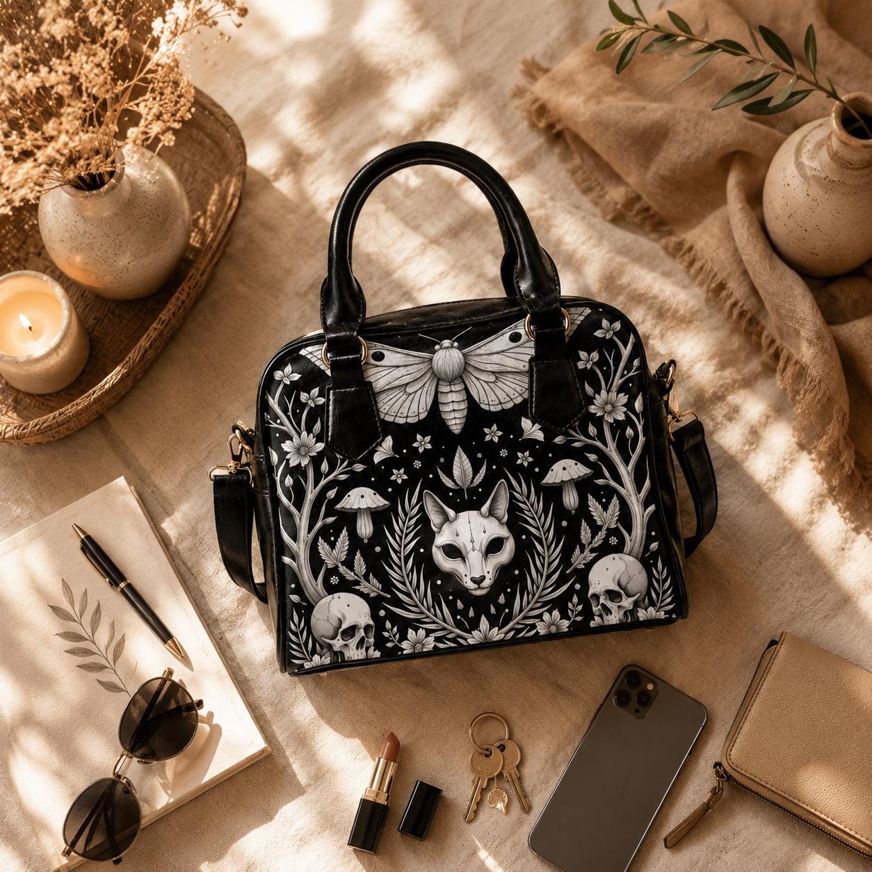 Moth Gothic Handbag, Monochrome Woodland Satchel, Skull Floral Purse, Dark Nature Bag