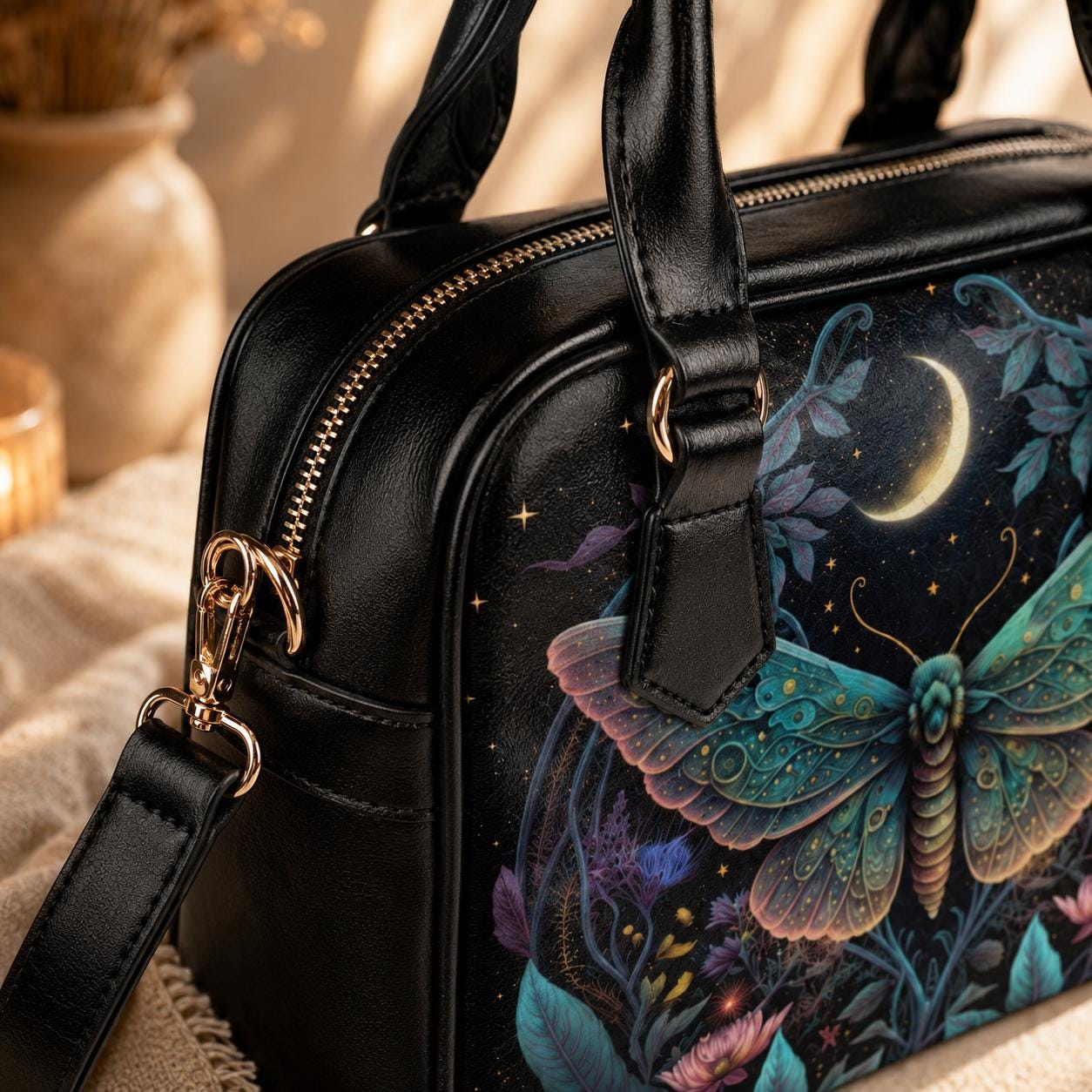 Celestial moth moon handbag, witchy astrology crossbody bag, mystical travel tote, enchanted everyday purse