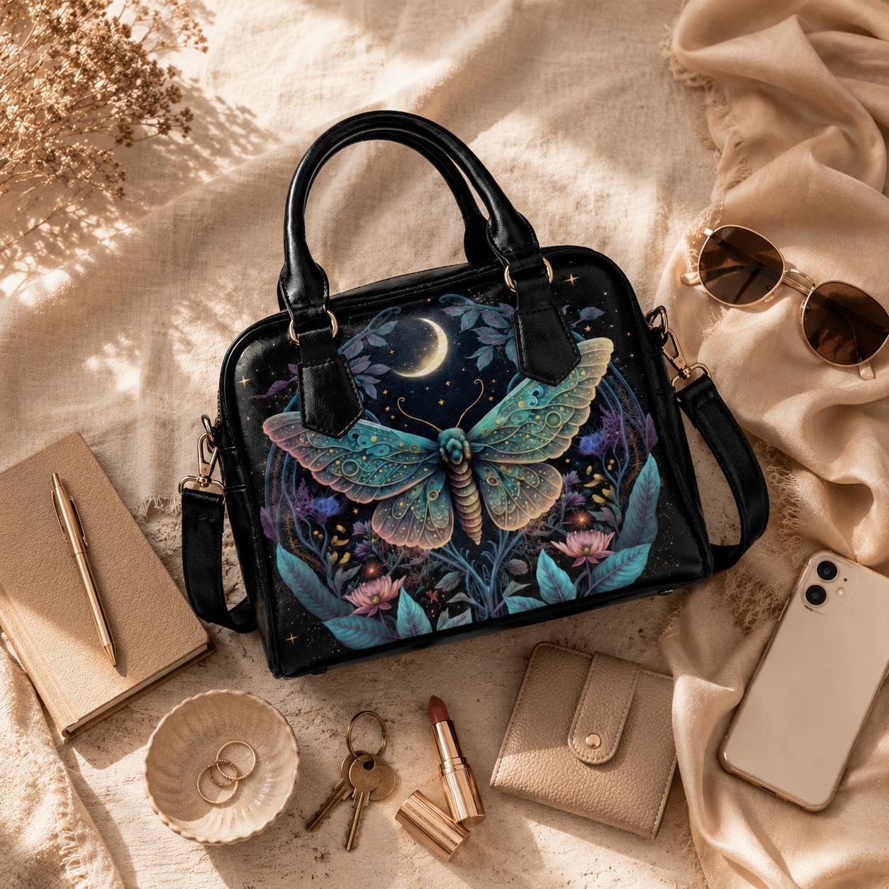 Celestial moth moon handbag, witchy astrology crossbody bag, mystical travel tote, enchanted everyday purse