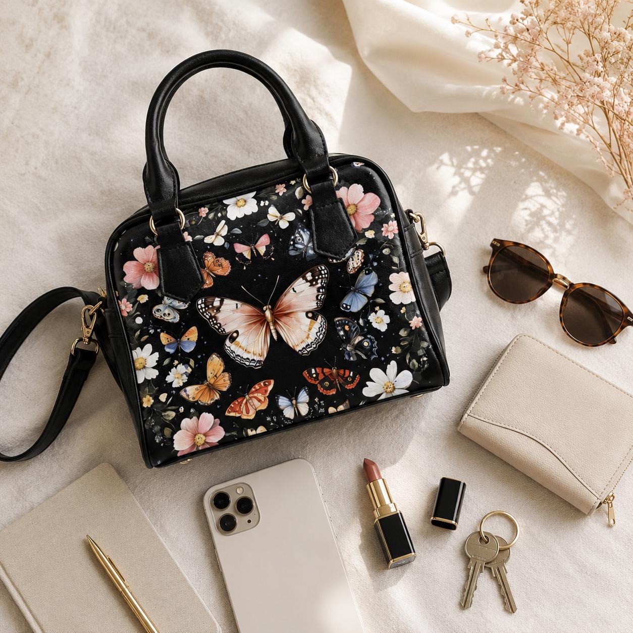 Butterfly floral satchel purse, moth garden handbag, vintage insect crossbody, cottage wildflower top handle