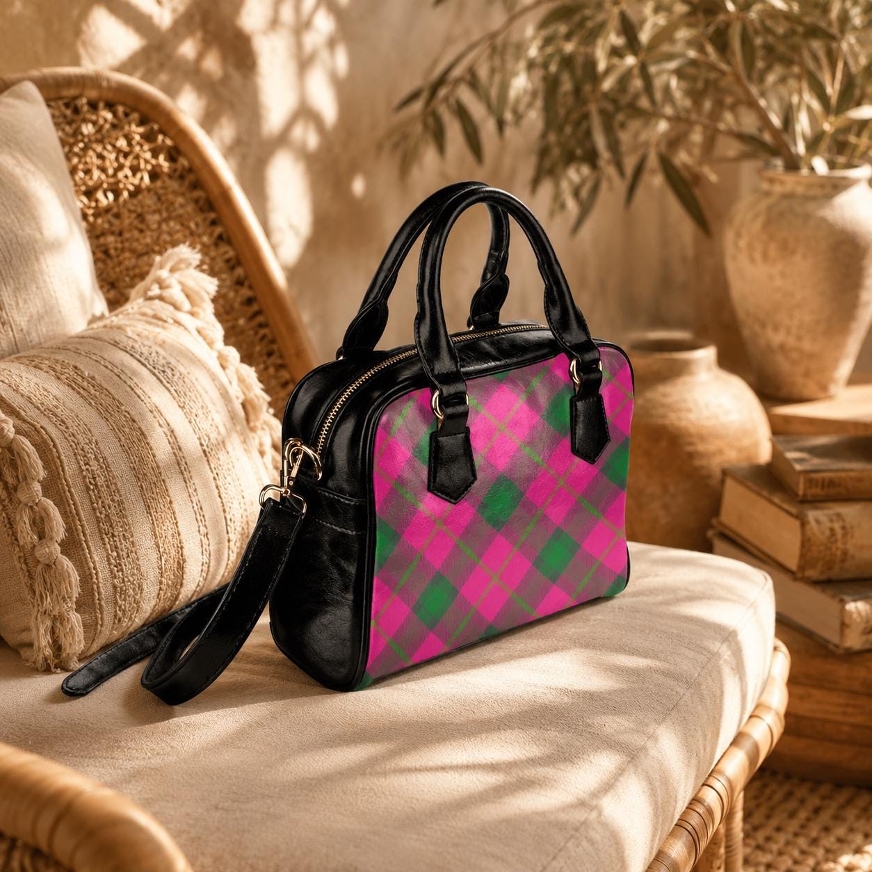 Pink green plaid satchel bag, pastel punk crossbody purse, kawaii grunge handbag for women