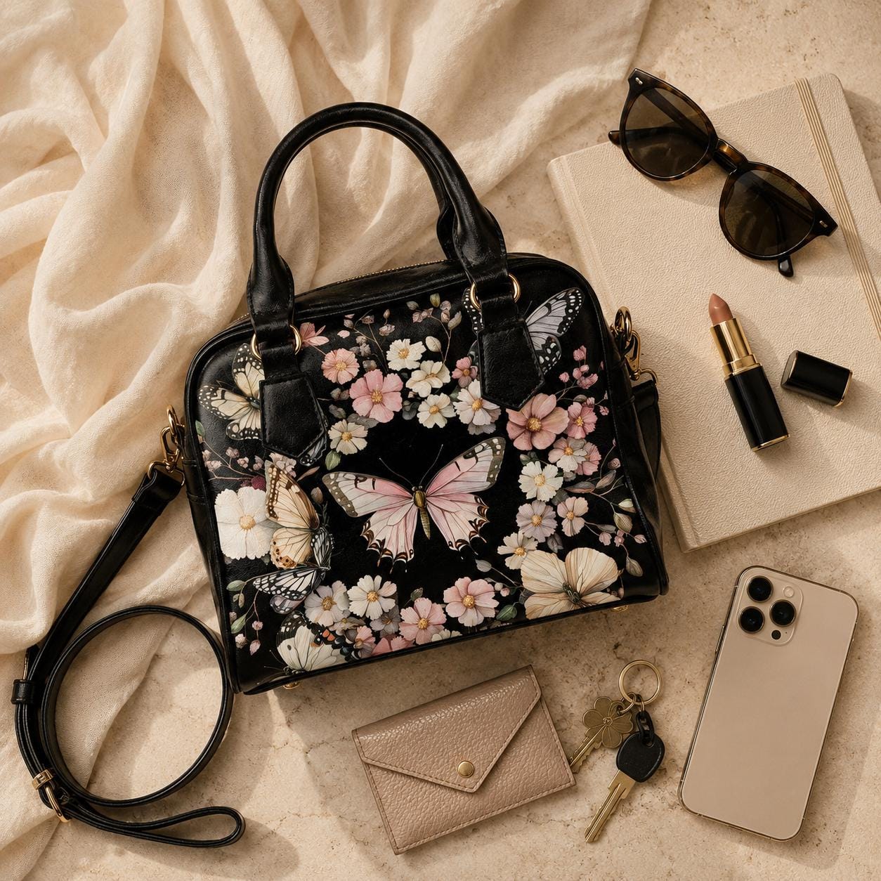 Black Butterfly Floral Satchel Handbag, Romantic Spring Blossom Statement Bag