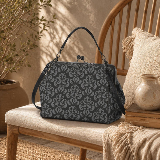Gray Damask Frame Handbag, Victorian Kisslock Top Handle Purse