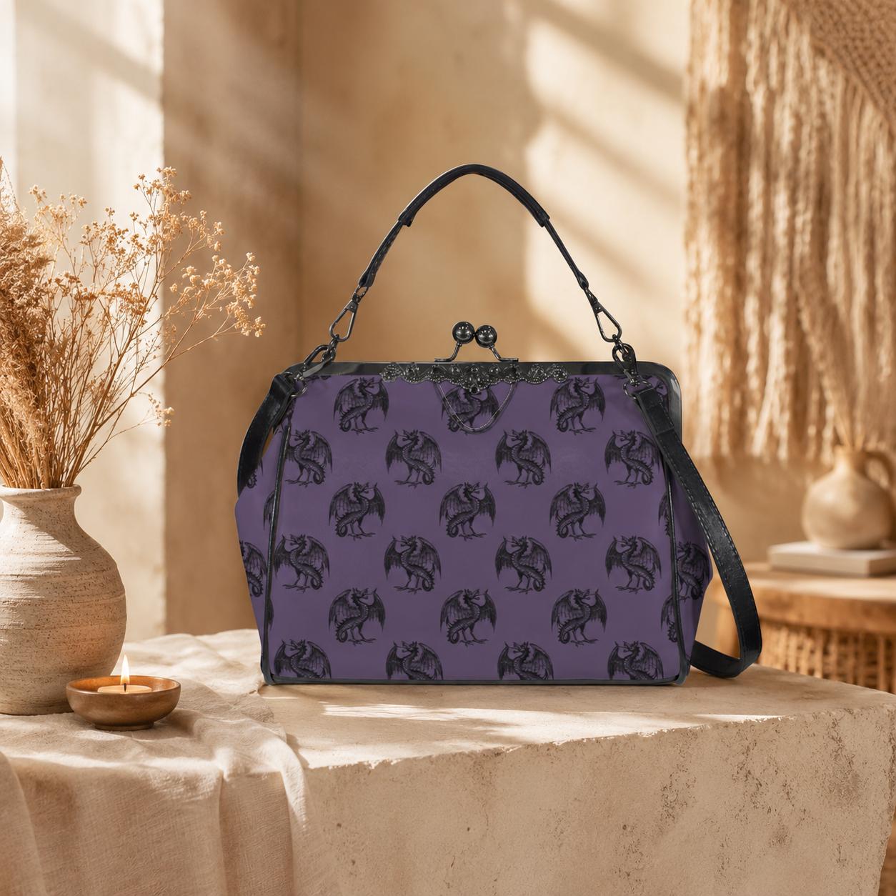 Dragon Kiss Lock Bag Purple Fantasy Handbag Statement Shoulder Purse