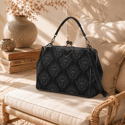 Skull Damask Kisslock Bag, Vintage Gothic Handbag, Victorian Style Purse, Witchy Top Handle Shoulder Bag