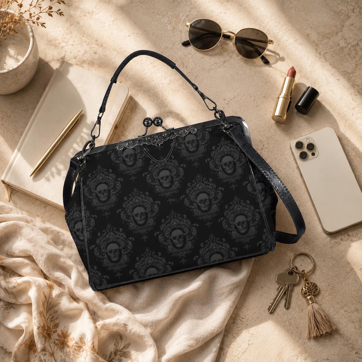 Skull Damask Kisslock Bag, Vintage Gothic Handbag, Victorian Style Purse, Witchy Top Handle Shoulder Bag