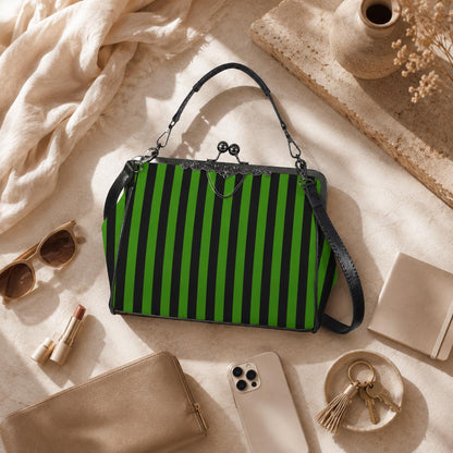 Green Stripe Kisslock Bag, Gothic Witchy Purse, Vintage Alt Fashion Handbag