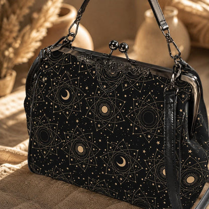 Celestial kisslock bag, moon and stars print, witchy astrology handbag