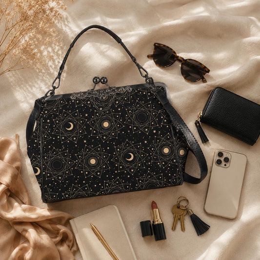 Celestial kisslock bag, moon and stars print, witchy astrology handbag