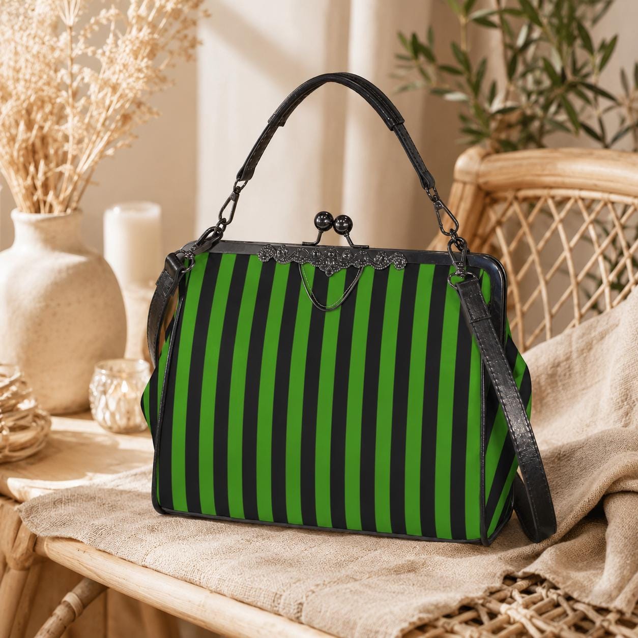 Green Stripe Kisslock Bag, Gothic Witchy Purse, Vintage Alt Fashion Handbag