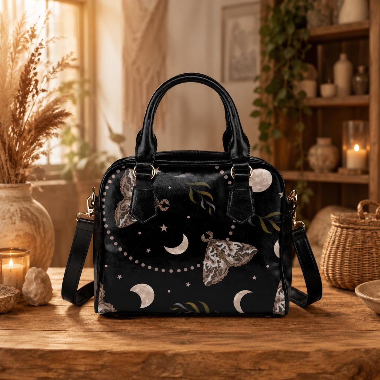 Moon Moth Handbag, Gothic Top Handle Purse, Witchy Crossbody Bag, Night Sky Gift for Her