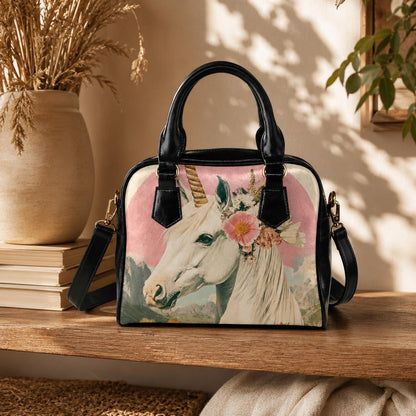 Unicorn Purse with Floral Crown, Fantasy Satchel Bag, Pink Whimsical Handbag