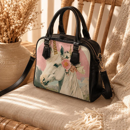 Unicorn Purse with Floral Crown, Fantasy Satchel Bag, Pink Whimsical Handbag