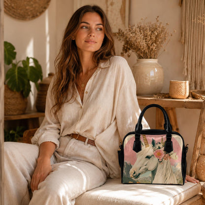Unicorn Purse with Floral Crown, Fantasy Satchel Bag, Pink Whimsical Handbag