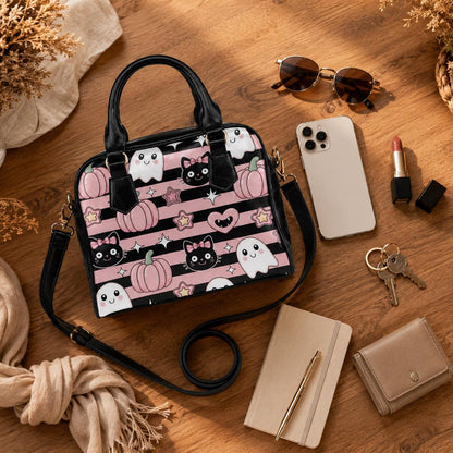 Kawaii Halloween Handbag with Ghosts and Black Cats, Pink Pumpkin Purse, Cute Spooky Satchel