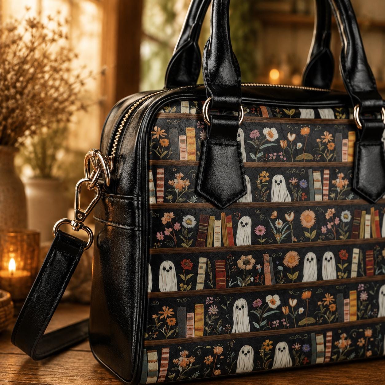 Ghost Bookshelf Handbag, Floral Book Lover Purse, Cute Spooky Satchel Bag
