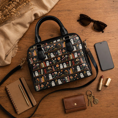 Ghost Bookshelf Handbag, Floral Book Lover Purse, Cute Spooky Satchel Bag