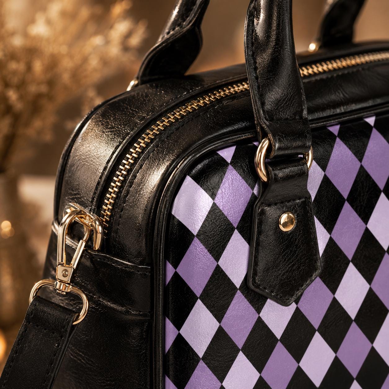Purple Harlequin Satchel Bag, Vegan Leather Crossbody, Gothic Checkered Tote