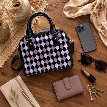 Purple Harlequin Satchel Bag, Vegan Leather Crossbody, Gothic Checkered Tote