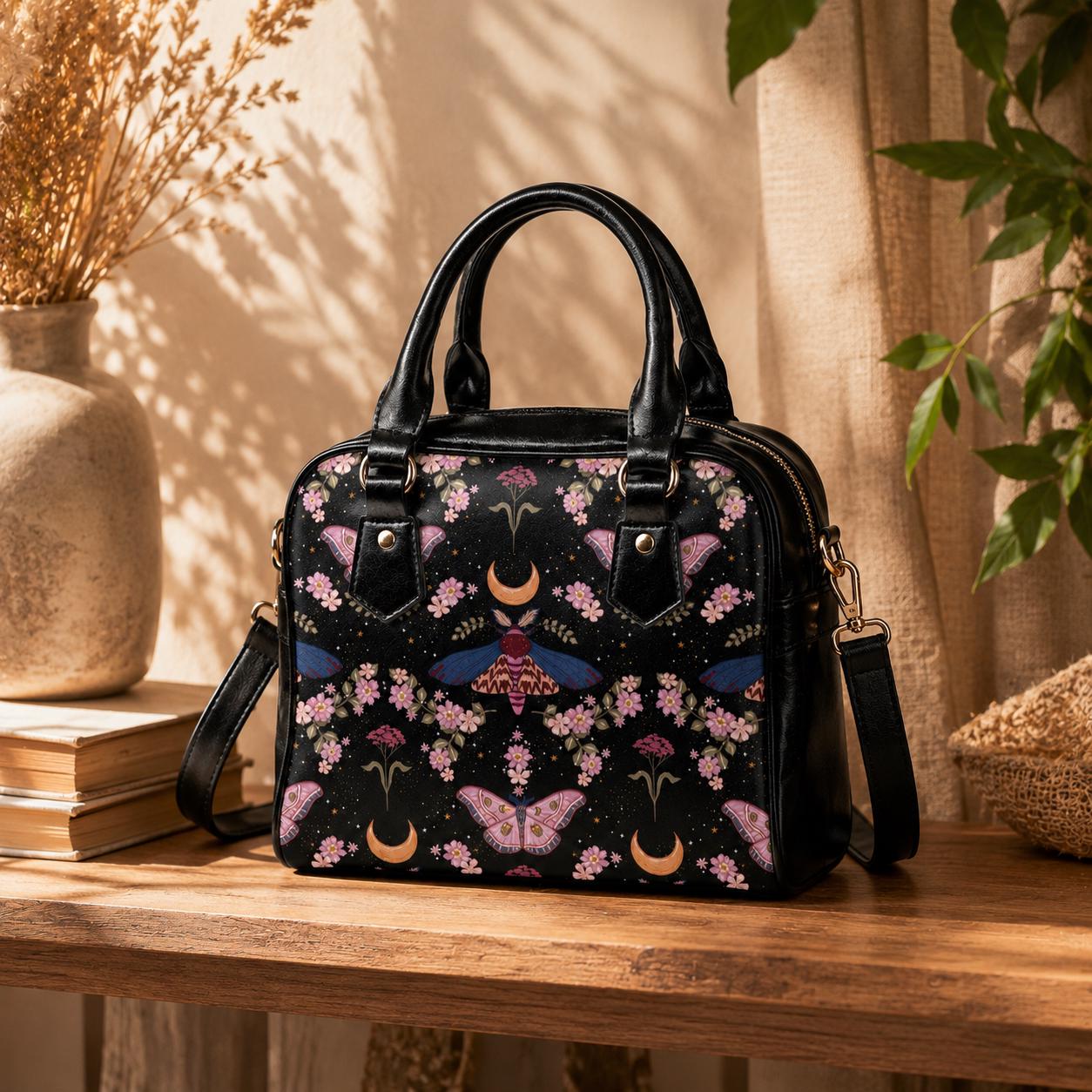 Celestial Moth Purse, Moon Phase Satchel Bag, Witchy Floral Handbag