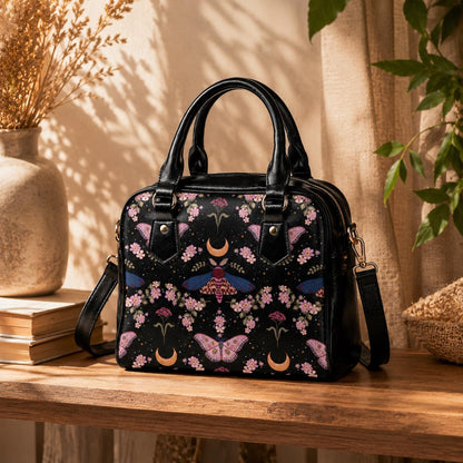 Celestial Moth Purse, Moon Phase Satchel Bag, Witchy Floral Handbag