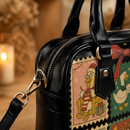 Christmas Goose Handbag, Holiday Stamp Print Purse, Festive Winter Satchel Bag