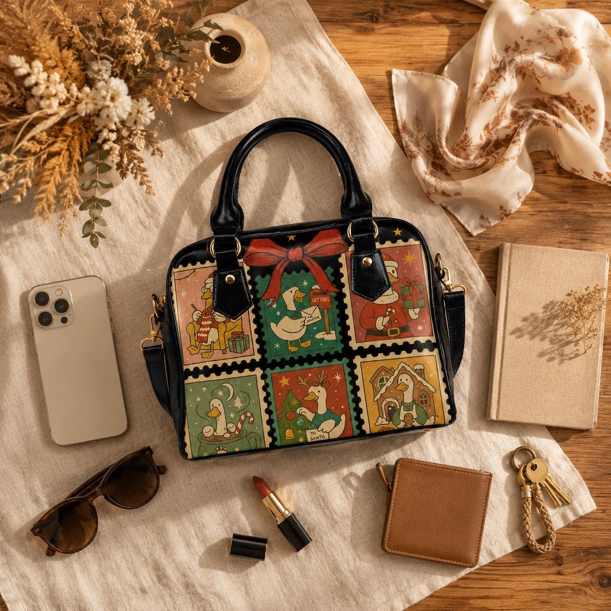 Christmas Goose Handbag, Holiday Stamp Print Purse, Festive Winter Satchel Bag