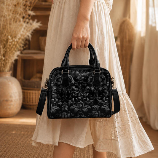 Baroque Black Satchel Bag, Victorian Gothic Faux Leather Handbag, Dark Gothic Purse