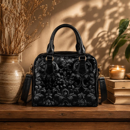 Baroque Black Satchel Bag, Victorian Gothic Faux Leather Handbag, Dark Gothic Purse