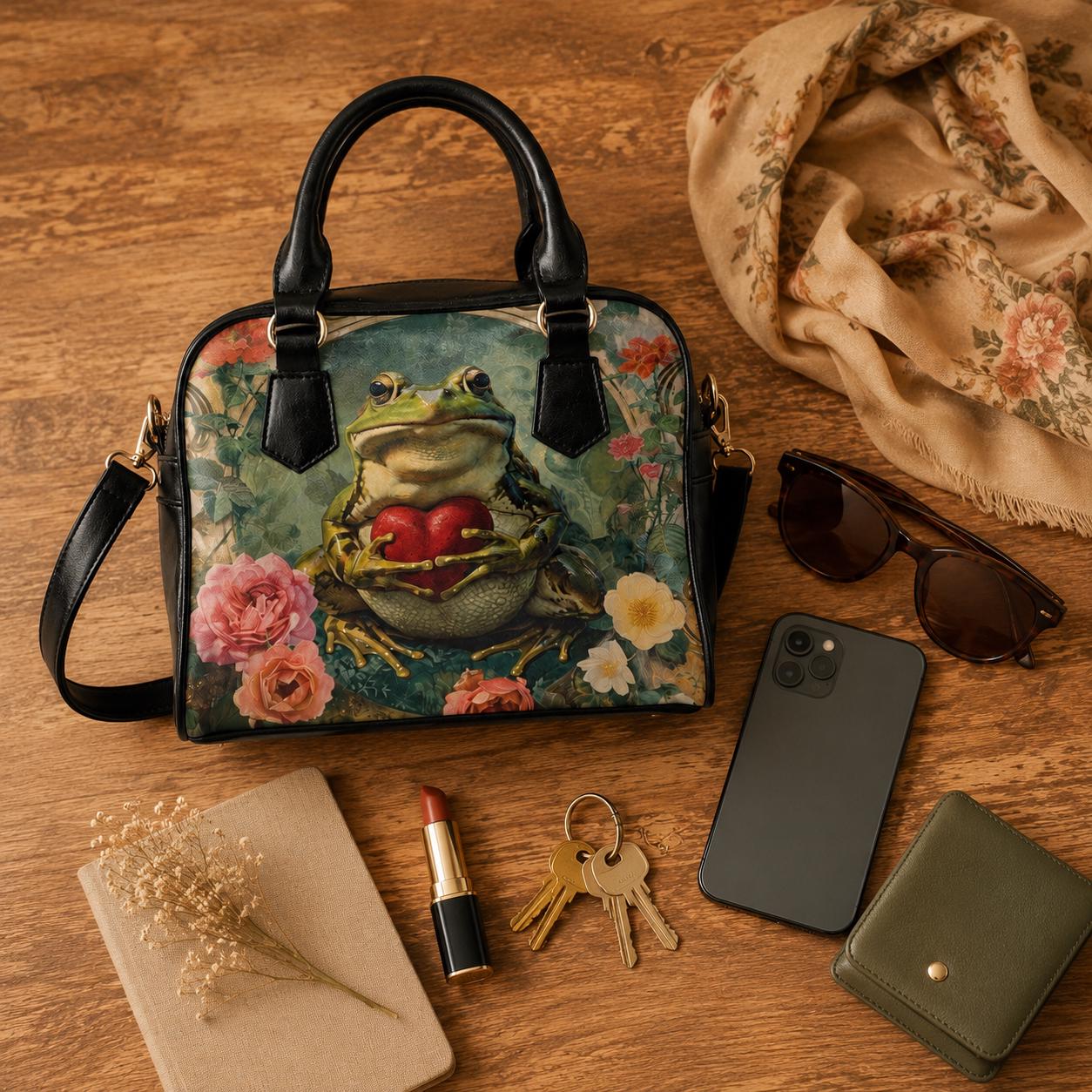 Frog Purse Floral Satchel Bag, Cottagecore Handbag for Frog Lover, Botanical Gift for Her