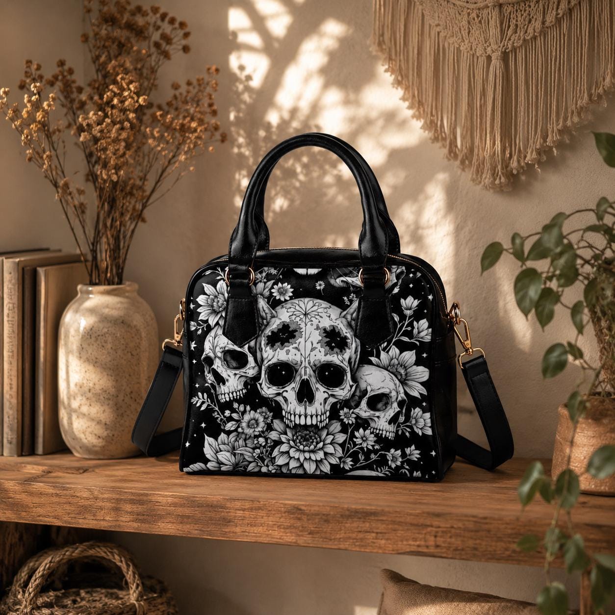 Skull Floral Handbag, Witchy Crossbody Satchel, Occult Fashion