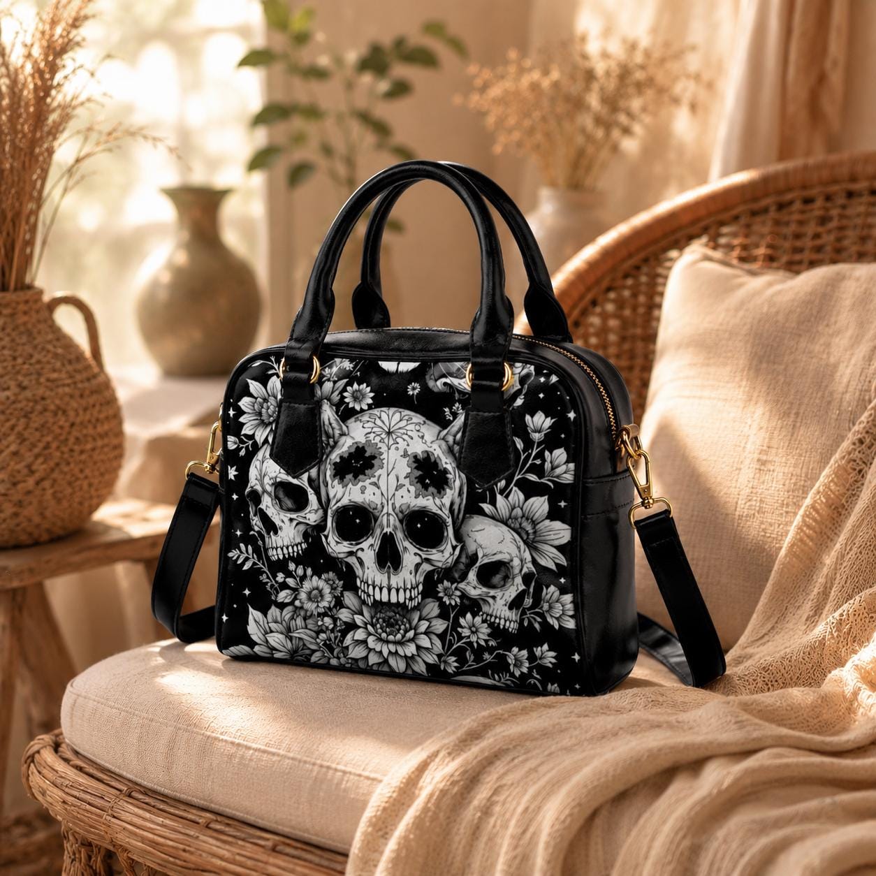 Skull Floral Handbag, Witchy Crossbody Satchel, Occult Fashion