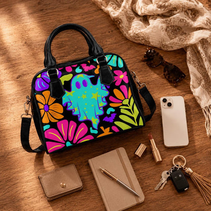 Ghost Handbag, Colorful Halloween Bowler Bag, Retro Floral Purse, Cute Spooky Gift