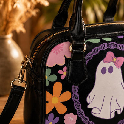 Groovy Ghost Purse with Floral Print, Retro Halloween Shoulder Bag, Cute Fall Handbag