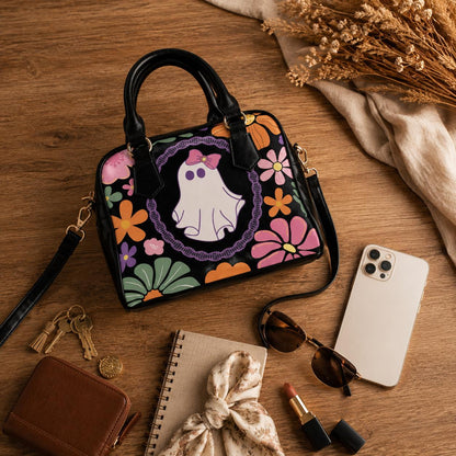 Groovy Ghost Purse with Floral Print, Retro Halloween Shoulder Bag, Cute Fall Handbag